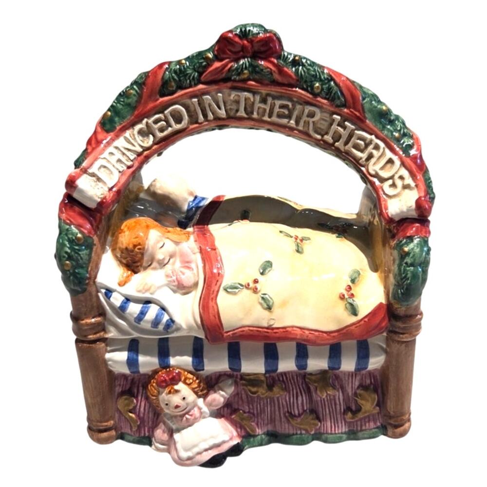 Vtg Fitz Floyd Christmas Cookie JAR Sugar Plums Children asleep in Bed Country